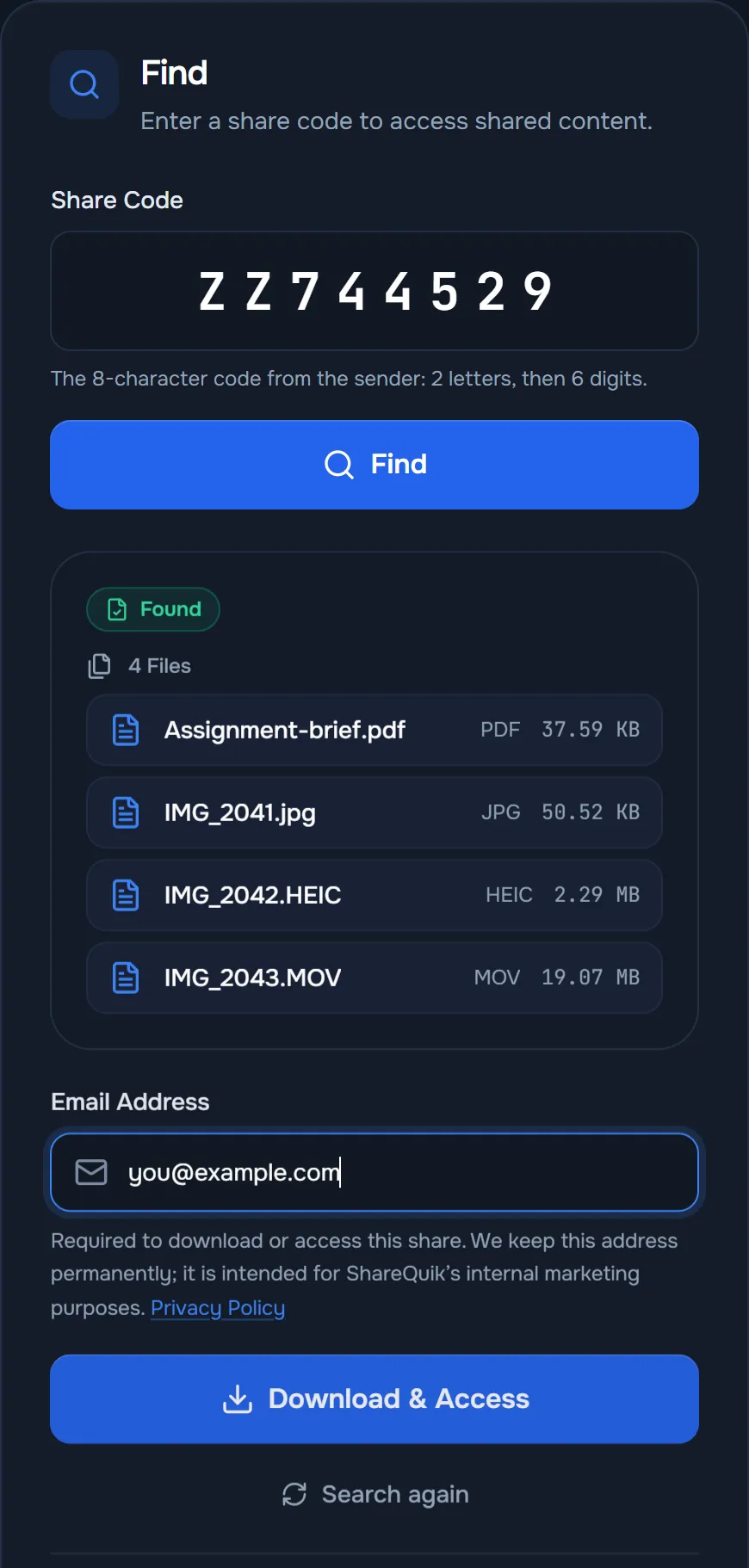 ShareQuik Find panel in a desktop browser with a share code entered, the four files in the share listed, the email field and the Download & Access button