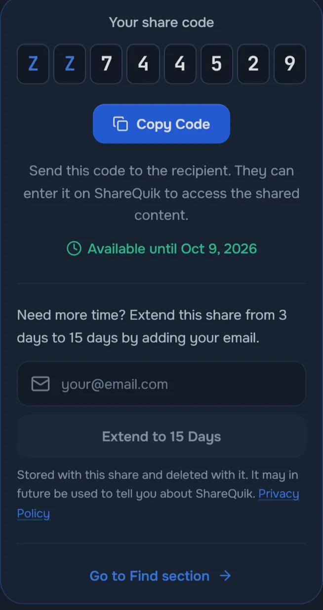 ShareQuik on a phone showing a generated 8-character share code, a Copy Code button, the expiry date and the option to extend the share to 15 days