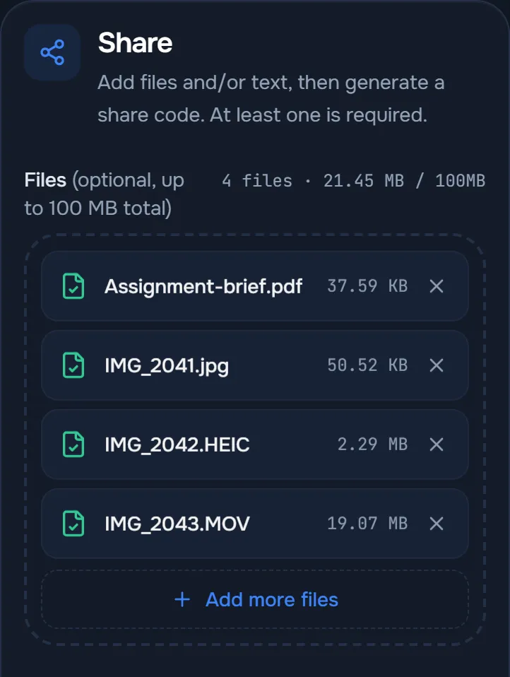 ShareQuik Share panel on a phone with a PDF, two photos and a video selected, and a counter showing 21.45 MB of 100 MB used
